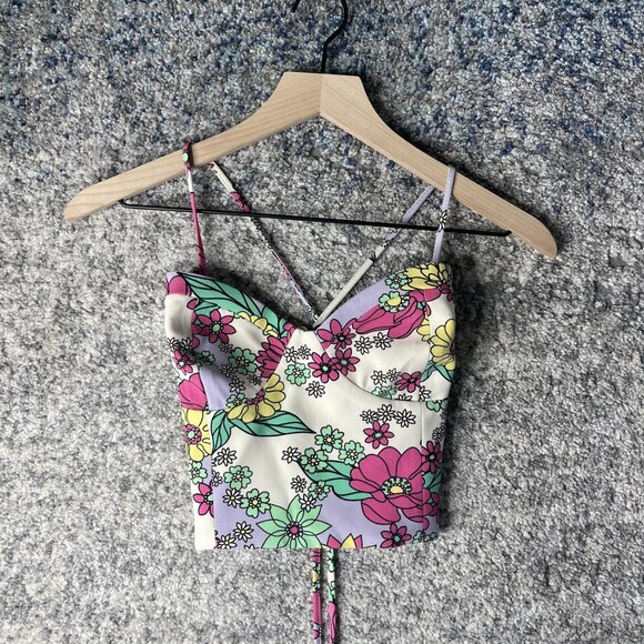 Zara Floral Crop Top Womens Large Strappy Corset Lace Up Back Y2K - Picture 2 of 8